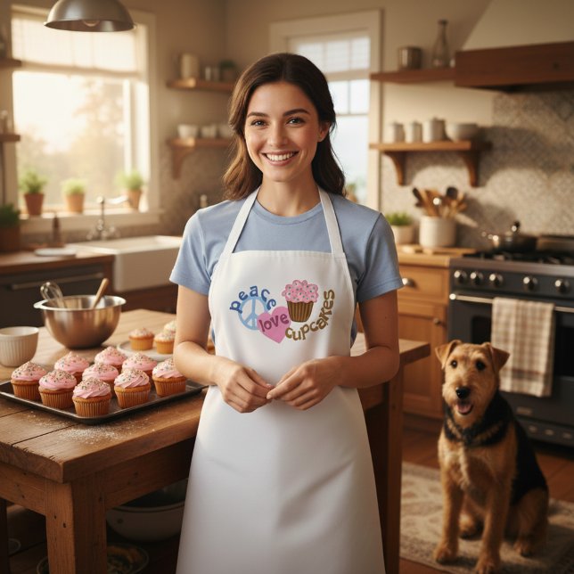 Whimsical Peace Love Cupcakes White Apron (Peace love cupcakes apron. )
