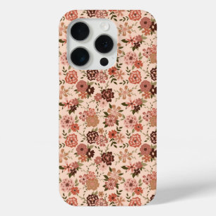 Whimsical Peach Brown Floral Pattern iPhone 15 Pro Case