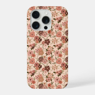 Whimsical Peach Brown Floral Pattern iPhone 15 Pro Case