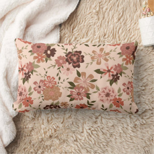 Whimsical Peach Brown Floral Pattern Lumbar Cushion
