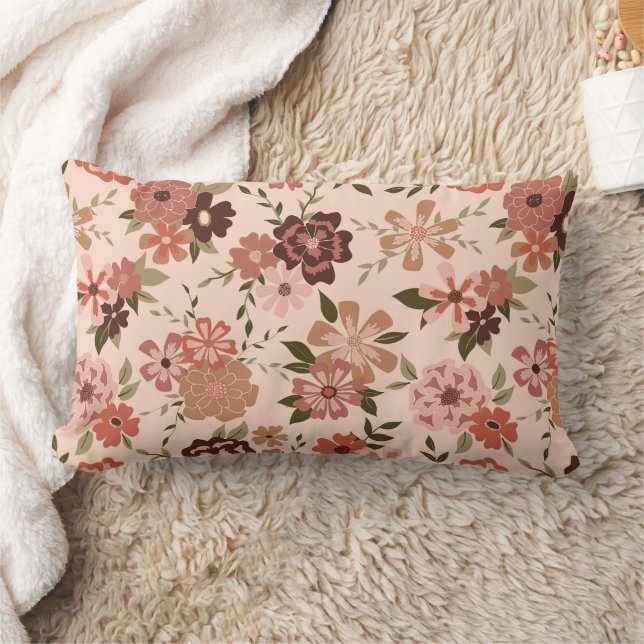 Whimsical Peach Brown Floral Pattern Lumbar Cushion (Blanket)