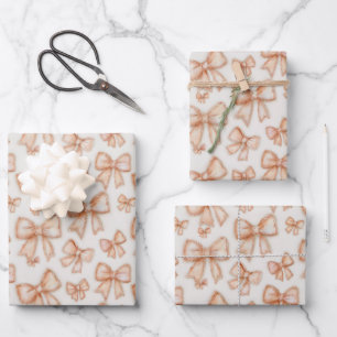 Whimsical Peach Coquette Bows New Baby Shower Wrapping Paper Sheet