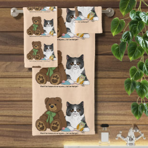 Whimsical Peach Cute Grey Cat Teddy Bear Humour Bath Towel Set
