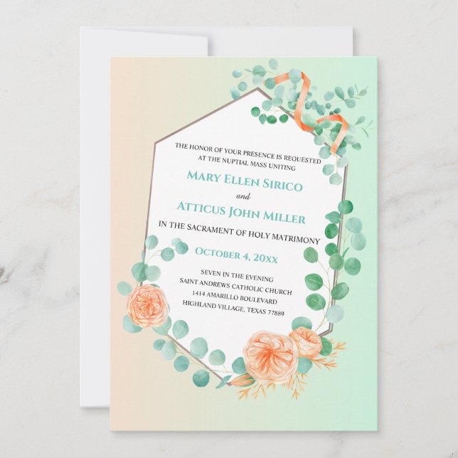 Whimsical Peach Green Nuptial Mass Invitation (Front)