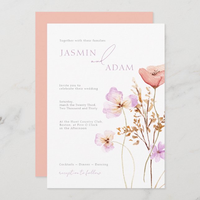 Whimsical Peach Lilac Wildflowers Wedding Invitation (Front/Back)