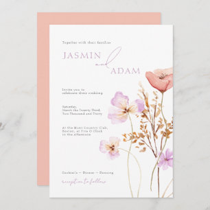 Whimsical Peach Lilac Wildflowers Wedding Invitation