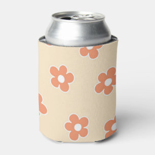Whimsical Peach & Orange Floral Retro, Cheerful Can Cooler