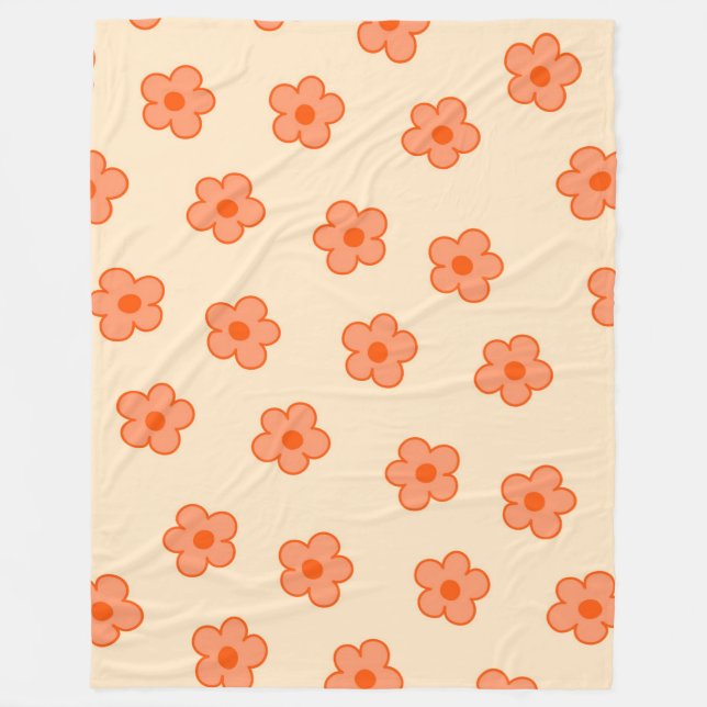 Whimsical Peach & Orange Floral Retro, Cheerful, Fleece Blanket (Front)
