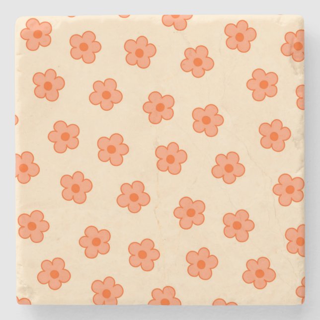 Whimsical Peach & Orange Floral Retro, Cheerful Stone Coaster (Front)