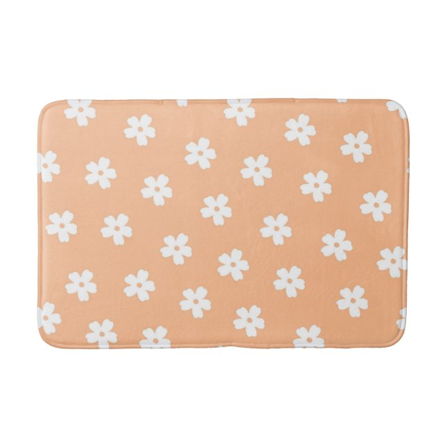 Whimsical Peach & White Floral Retro, Cheerful Bath Mat (Front)
