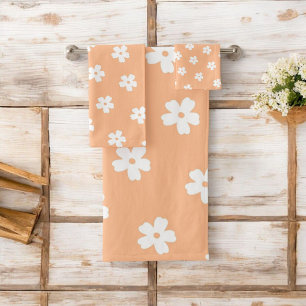 Whimsical Peach & White Floral Retro, Cheerful Bath Towel Set