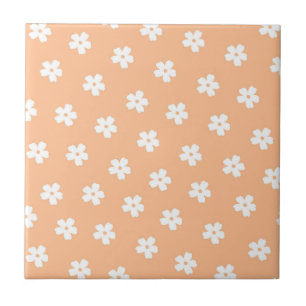Whimsical Peach & White Floral Retro, Cheerful Ceramic Tile