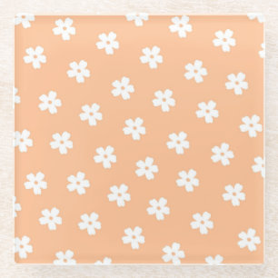 Whimsical Peach & White Floral Retro, Cheerful Glass Coaster