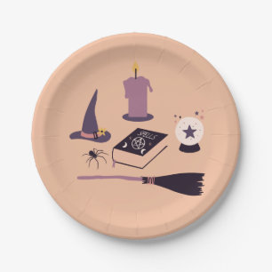 Whimsical peachy pink witch themed paper plate