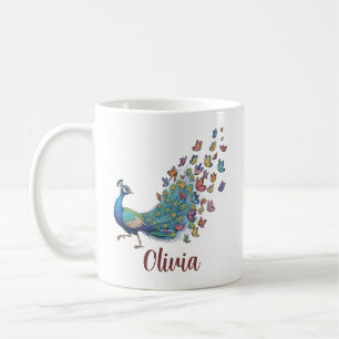 Whimsical Peacock and Butterfly Coffee Mug