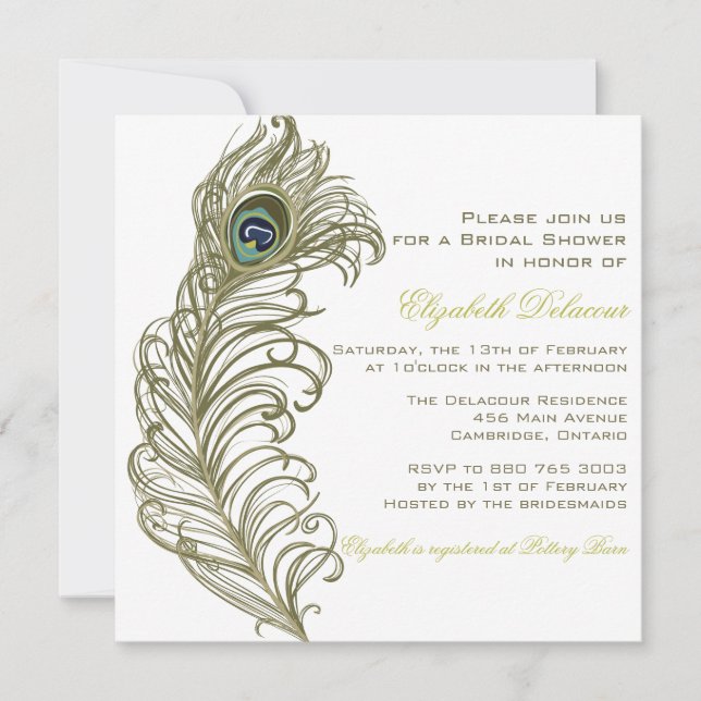 Whimsical Peacock Feather Bridal Shower Invitation (Front)