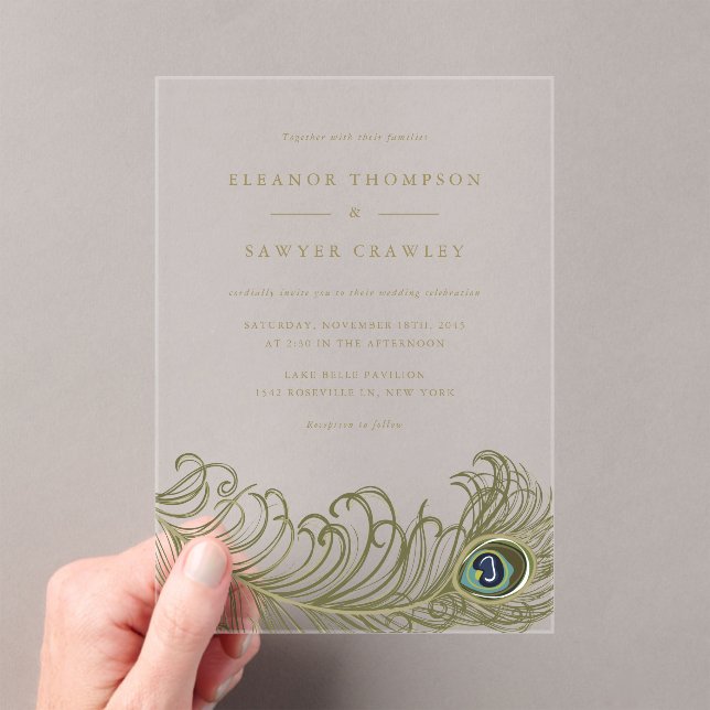 Whimsical Peacock Feather Vintage Wedding Acrylic Invitations (Insitu (Handheld))