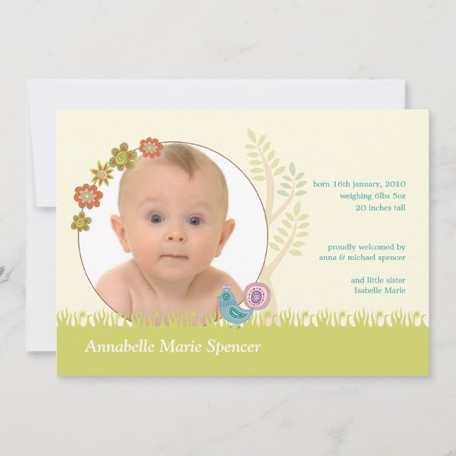 Whimsical Peacock Photo Birth Announcement Card (Front)