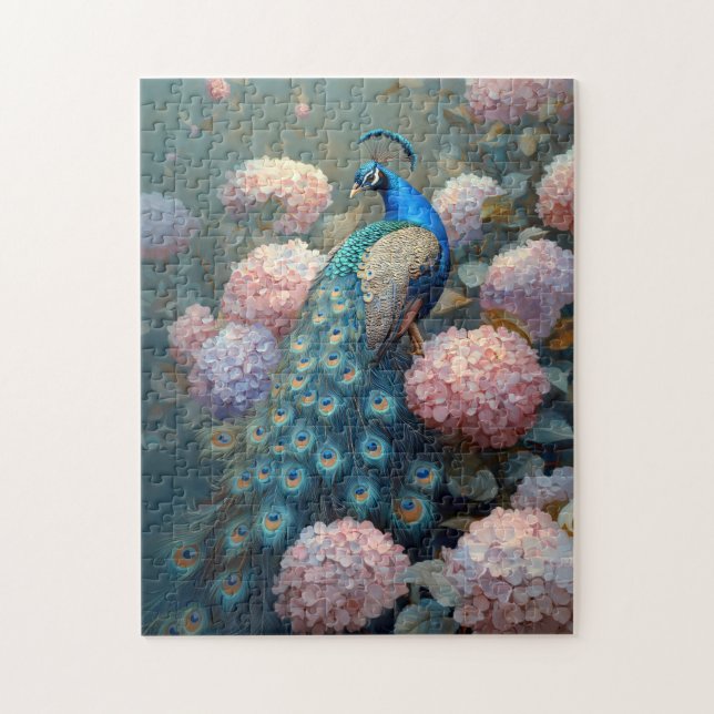 Whimsical Peacock Pink Hydrangea Flowers Jigsaw Puzzle (Vertical)