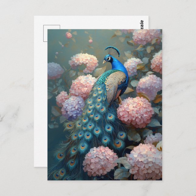 Whimsical Peacock Pink Hydrangea Flowers Postcard (Front/Back)