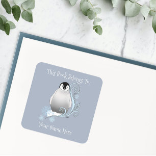 Whimsical Penguin Art Nouveau Snowflakes Bookplate Square Sticker