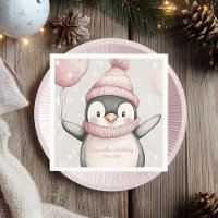 Whimsical Penguin Birthday Napkin | Vintage Pink 