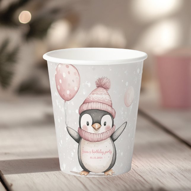 Whimsical Penguin Birthday | Vintage Pink Paper Cups (Creator Uploaded)