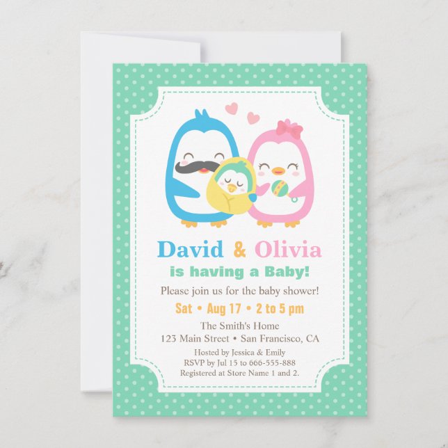 Whimsical Penguin Family Baby Shower Invitations (Front)