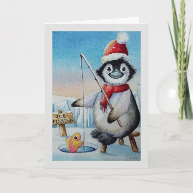 Whimsical Penguin Ice Fishing Watercolor Art Card (Front)