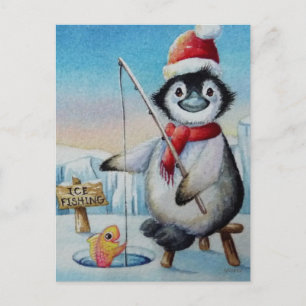 Whimsical Penguin Ice Fishing Watercolor Art Postcard