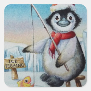 Whimsical Penguin Ice Fishing Watercolor Art Square Sticker