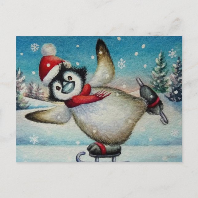 Whimsical Penguin Ice Skating Watercolor Art Postcard (Front)