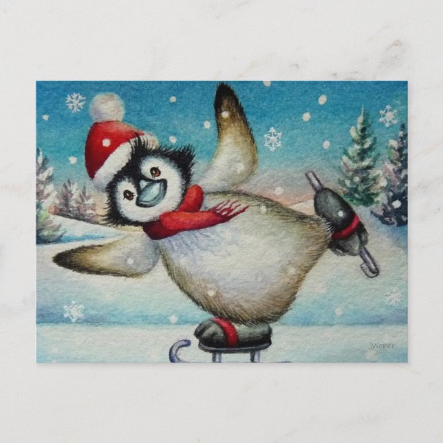 Whimsical Penguin Ice Skating Watercolor Art Postcard (Front)