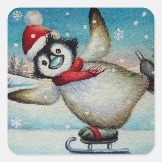 Whimsical Penguin Ice Skating Watercolor Art Square Sticker (Front)