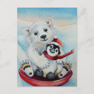 Whimsical Penguin & Polar Bear Watercolor Art Postcard