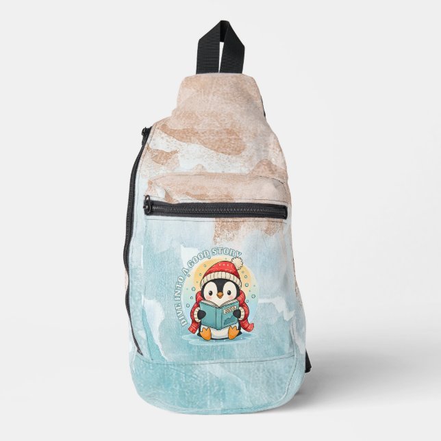 Whimsical Penguin Reader Artistic Sling Bag (Front)