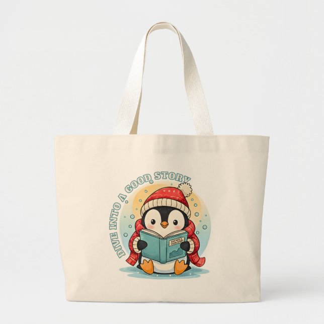 Whimsical Penguin Reader Large Jumbo Tote Bag (Front)