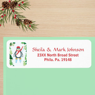 Whimsical Penguin Skiing Christmas Tree Art Return Address Label