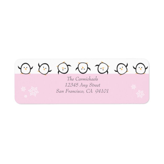 Whimsical Penguins Holiday Address Labels (pink) (Front)