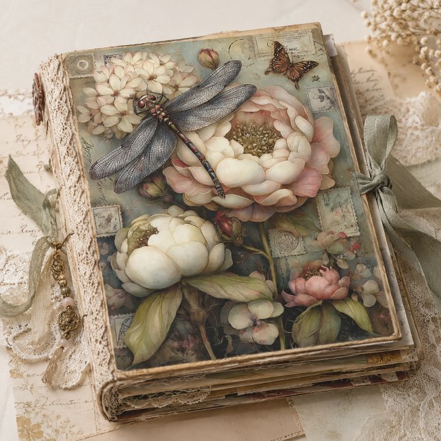 Whimsical Peony & Dragonfly Ephemera Decoupage  Tissue Paper (Creator Uploaded)