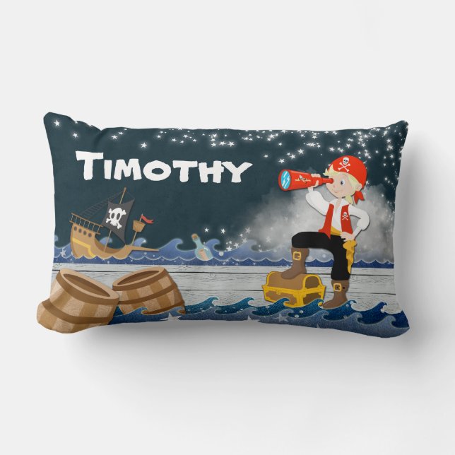 Whimsical Personalise Pirate Boy Nighttime Lumbar Cushion (Front)