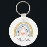 Whimsical Personalised Boho Rainbow  Key Ring<br><div class="desc">Personalised whimsical boho rainbow with pink heart key chain,  with your name in a cute script typography. Cute and whimsical style. For kids or adults.</div>