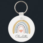 Whimsical Personalised Boho Rainbow  Key Ring<br><div class="desc">Personalised whimsical boho rainbow with pink heart key chain,  with your name in a cute script typography. Cute and whimsical style. For kids or adults.</div>