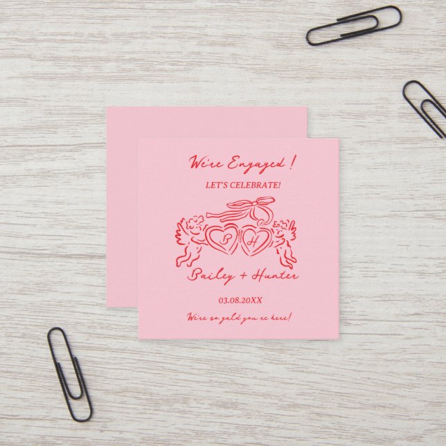 Whimsical Personalised Engagement couple Sign Square Business Card (Front/Back In Situ)