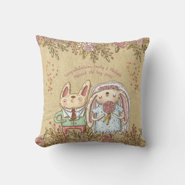 Whimsical Personalised Wedding Bride Groom Rustic Cushion (Front)