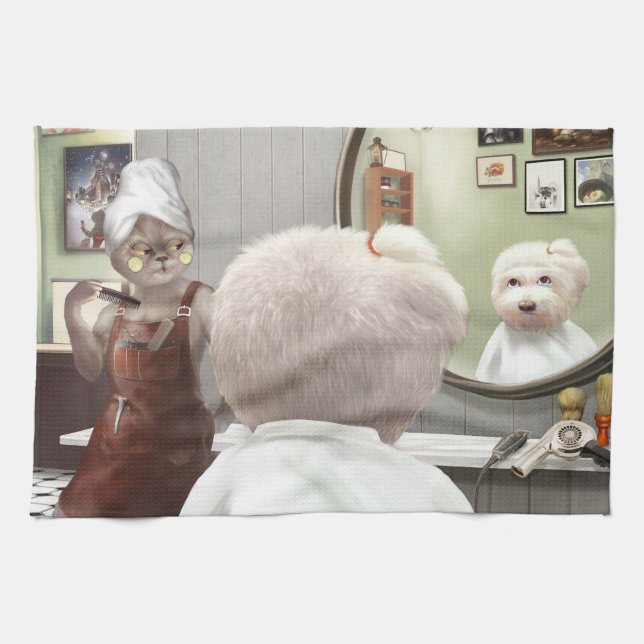 Whimsical Pet Barber Shop Tea Towel (Horizontal)