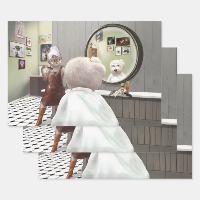 Whimsical Pet Barber Shop Wrapping Paper Sheet (Set)