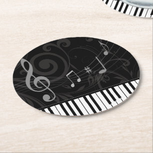 Whimsical Piano and Musical Notes Round Paper Coaster
