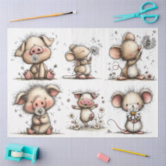 Whimsical Pig and Mouse in Spring Tissue Paper