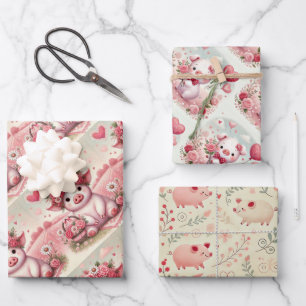 Whimsical Pig Valentines Day Wrapping Paper Sheet